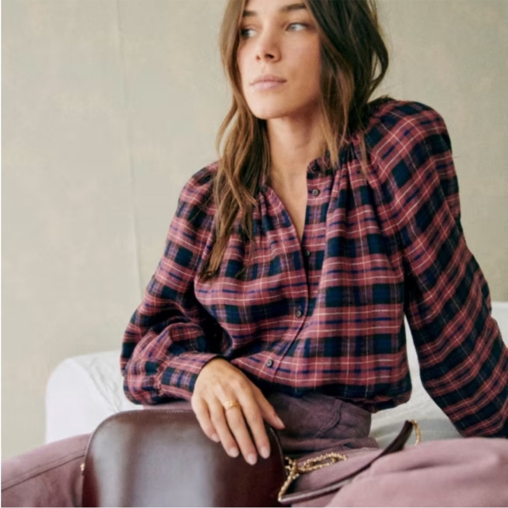 Sezane Checkered Button Down Shirt in Pink and Navy